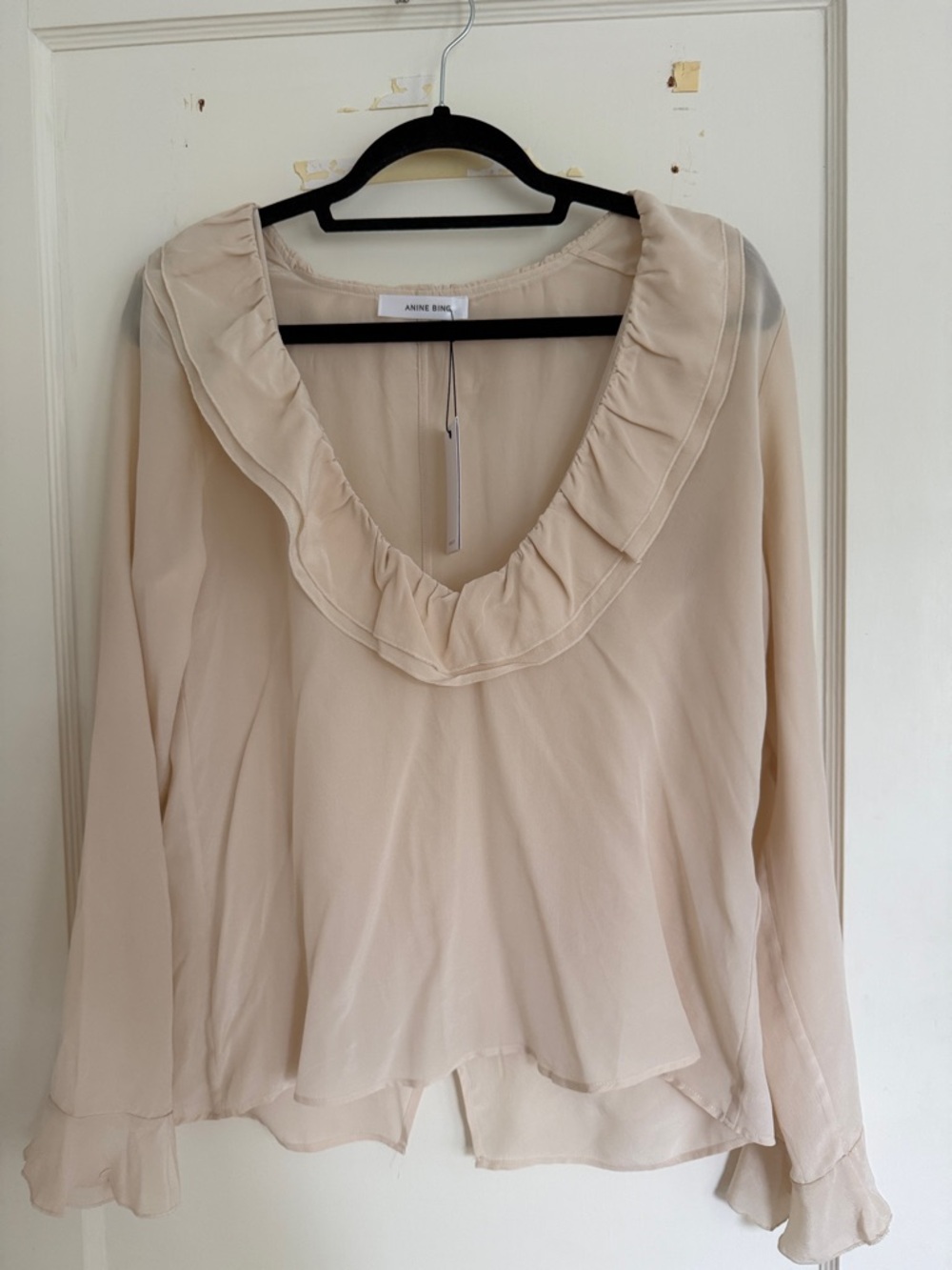 Anine Bing Cream Ruffle-Neck Long Sleeve Blouse